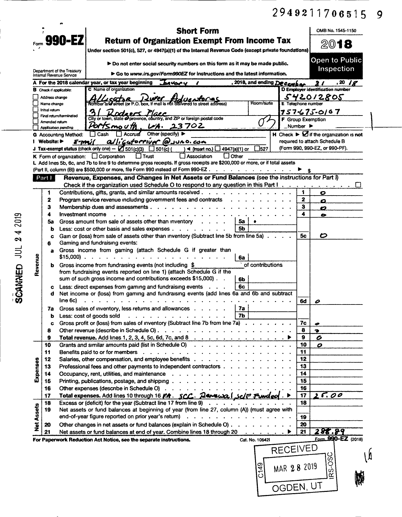 Image of first page of 2018 Form 990EZ for Alligator River Adventures