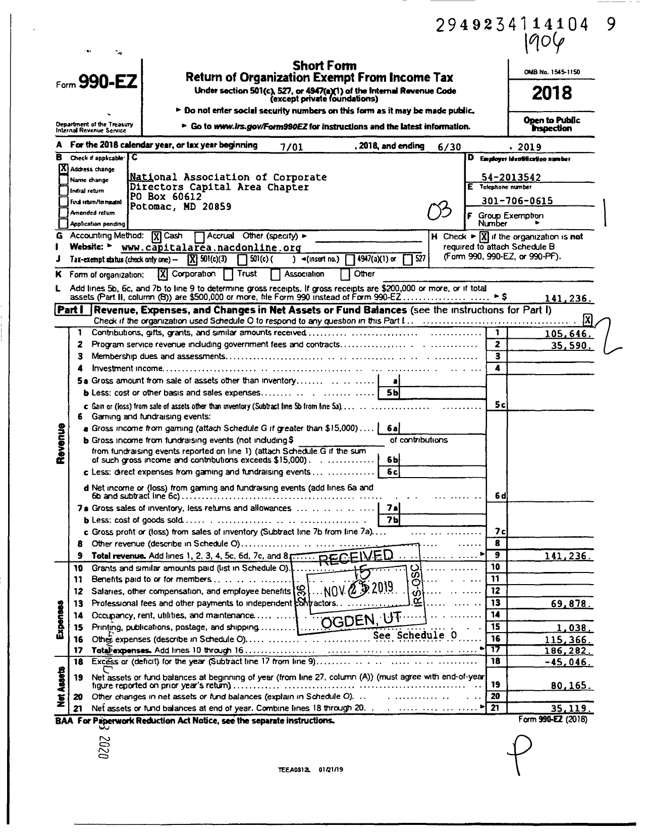 Image of first page of 2018 Form 990EZ for National Association of Corporate Directors Capital Area Chapter