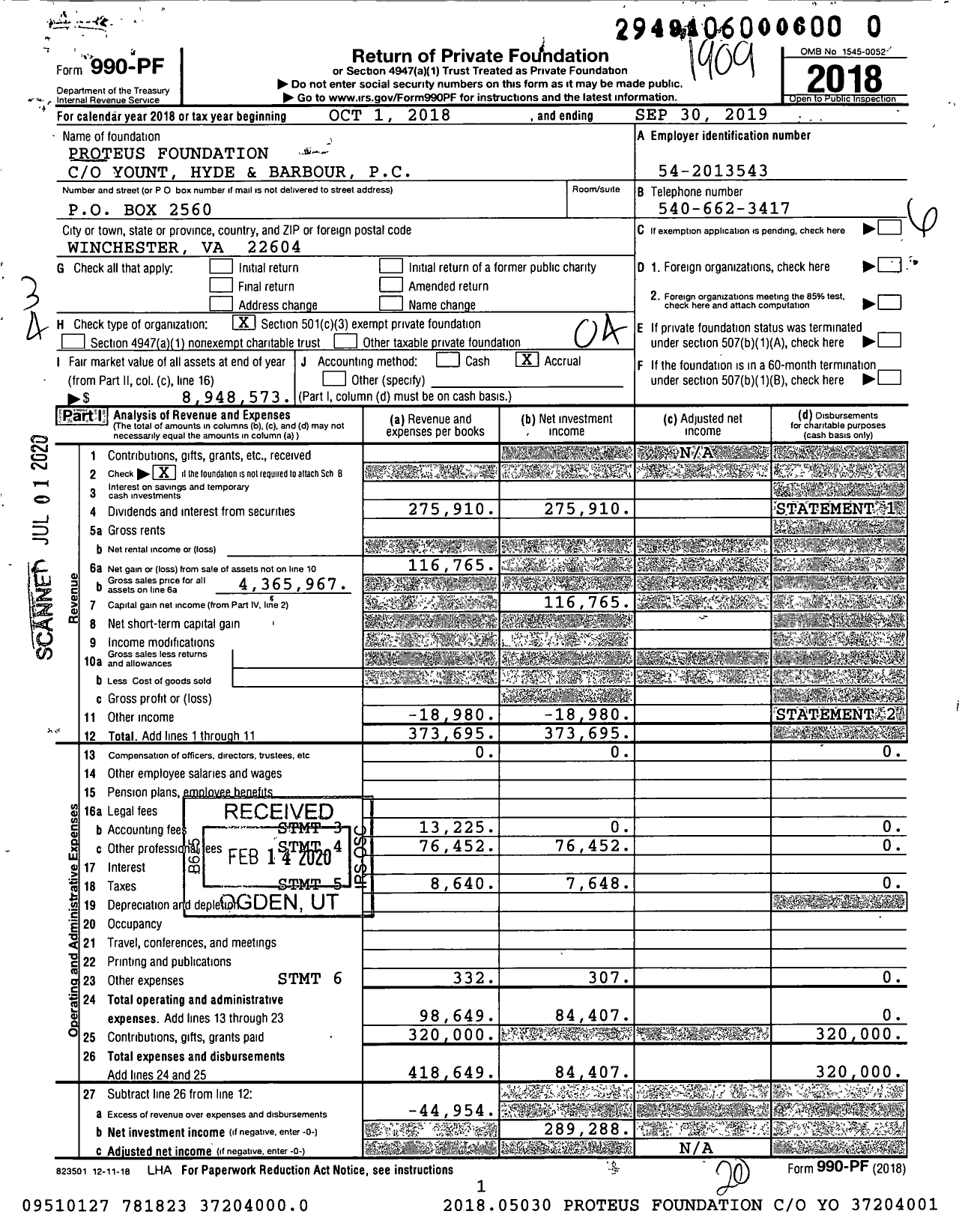 Image of first page of 2018 Form 990PR for Proteus Foundation