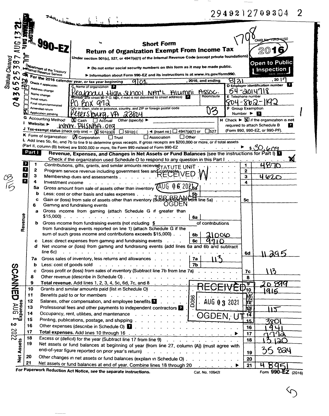 Image of first page of 2016 Form 990EZ for Peabody High School National Alumni Association