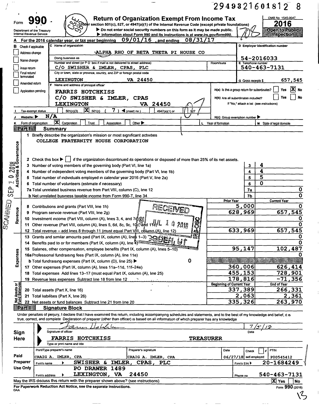 Image of first page of 2016 Form 990O for Alpha Rho of Beta Theta Pi House