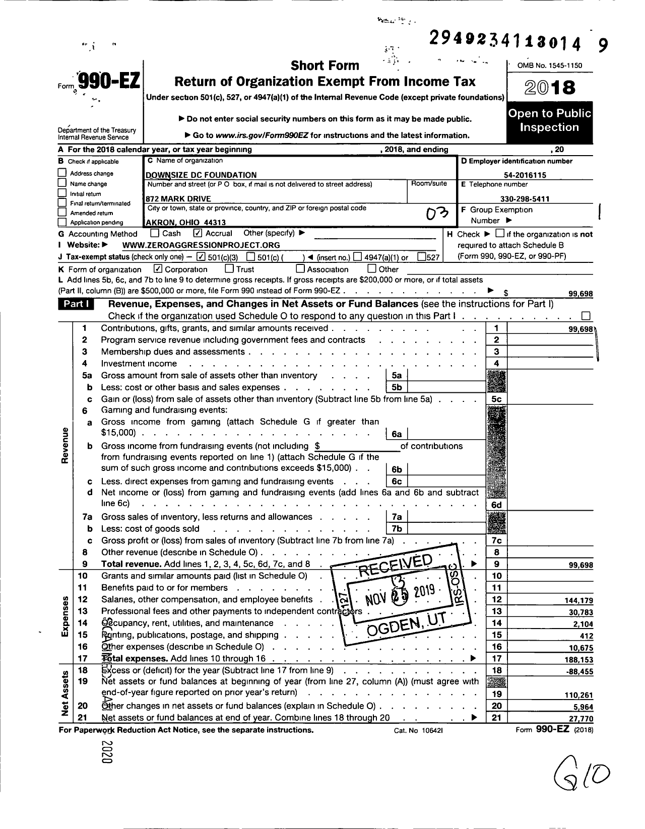 Image of first page of 2018 Form 990EZ for Downsize DC Foundation