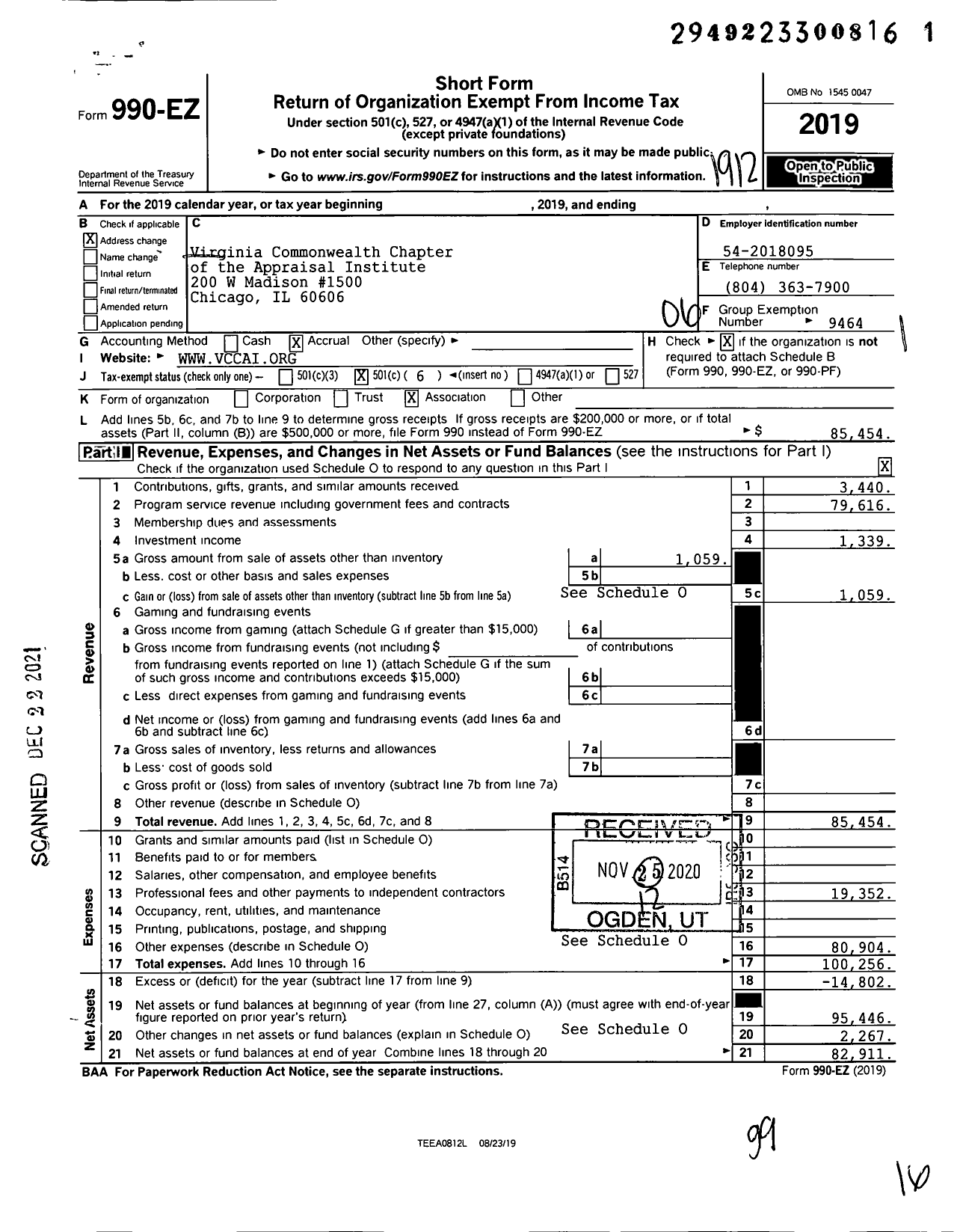 Image of first page of 2019 Form 990EO for Appraisal Institute / Virginia Commonwealth Chapter