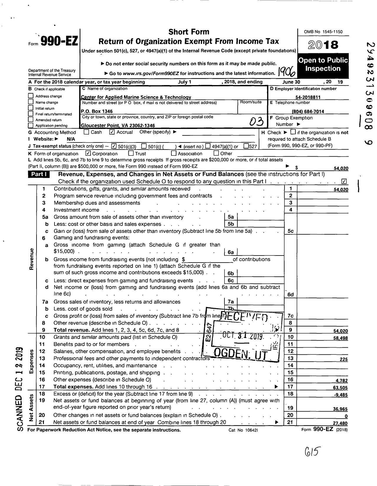 Image of first page of 2018 Form 990EZ for Center for Applied Marine Science and Technology