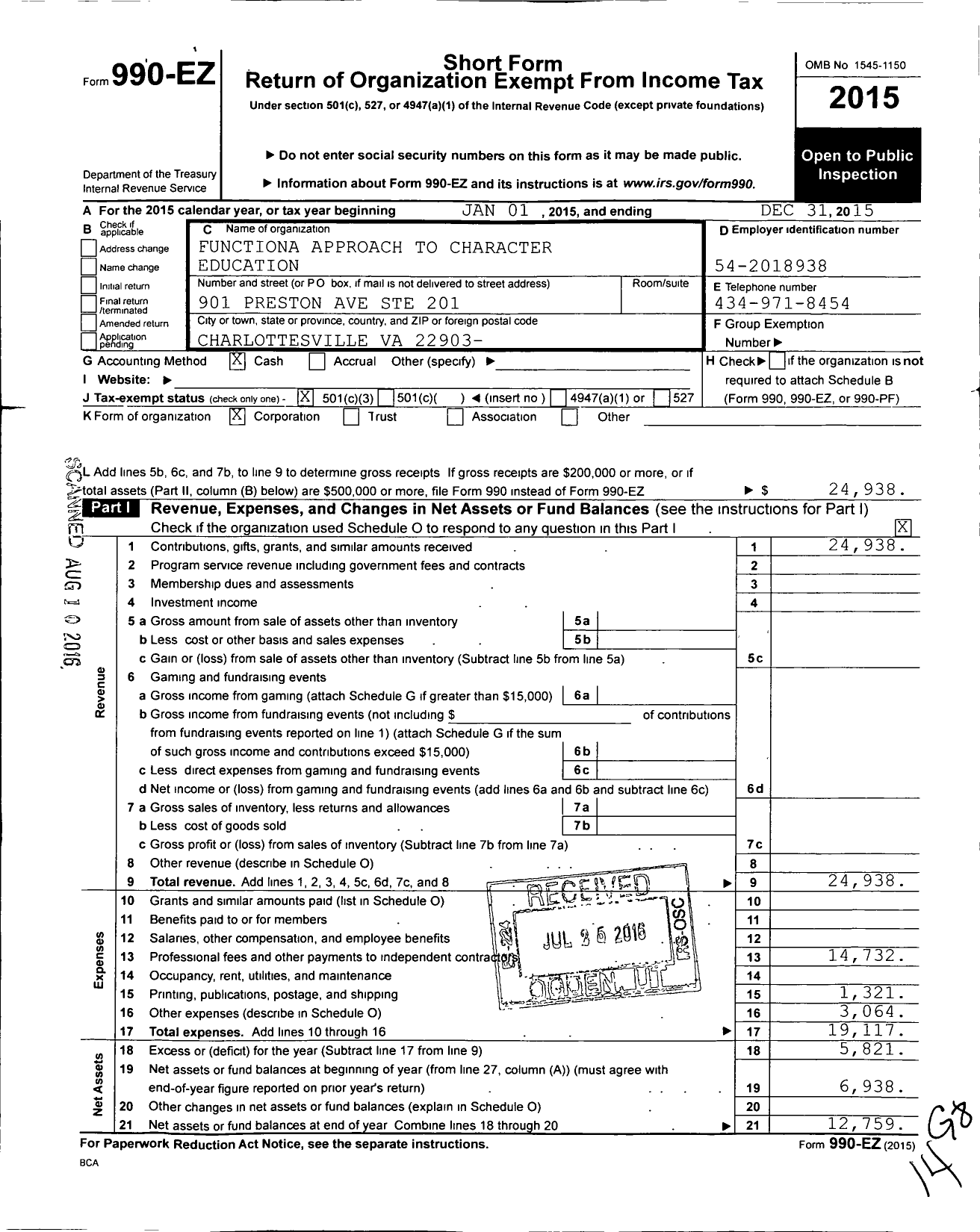 Image of first page of 2015 Form 990EZ for Functional Approach to Character Education