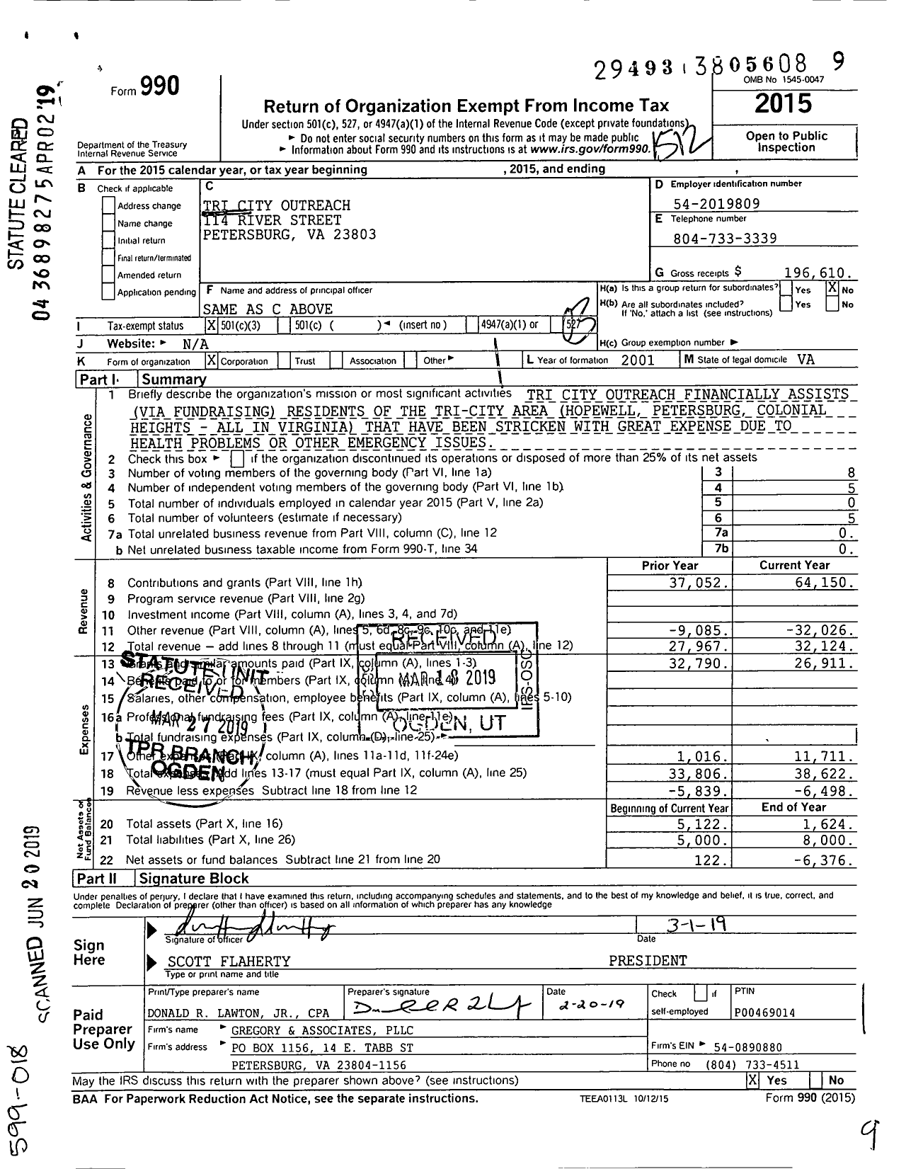 Image of first page of 2015 Form 990 for Tri City Outreach