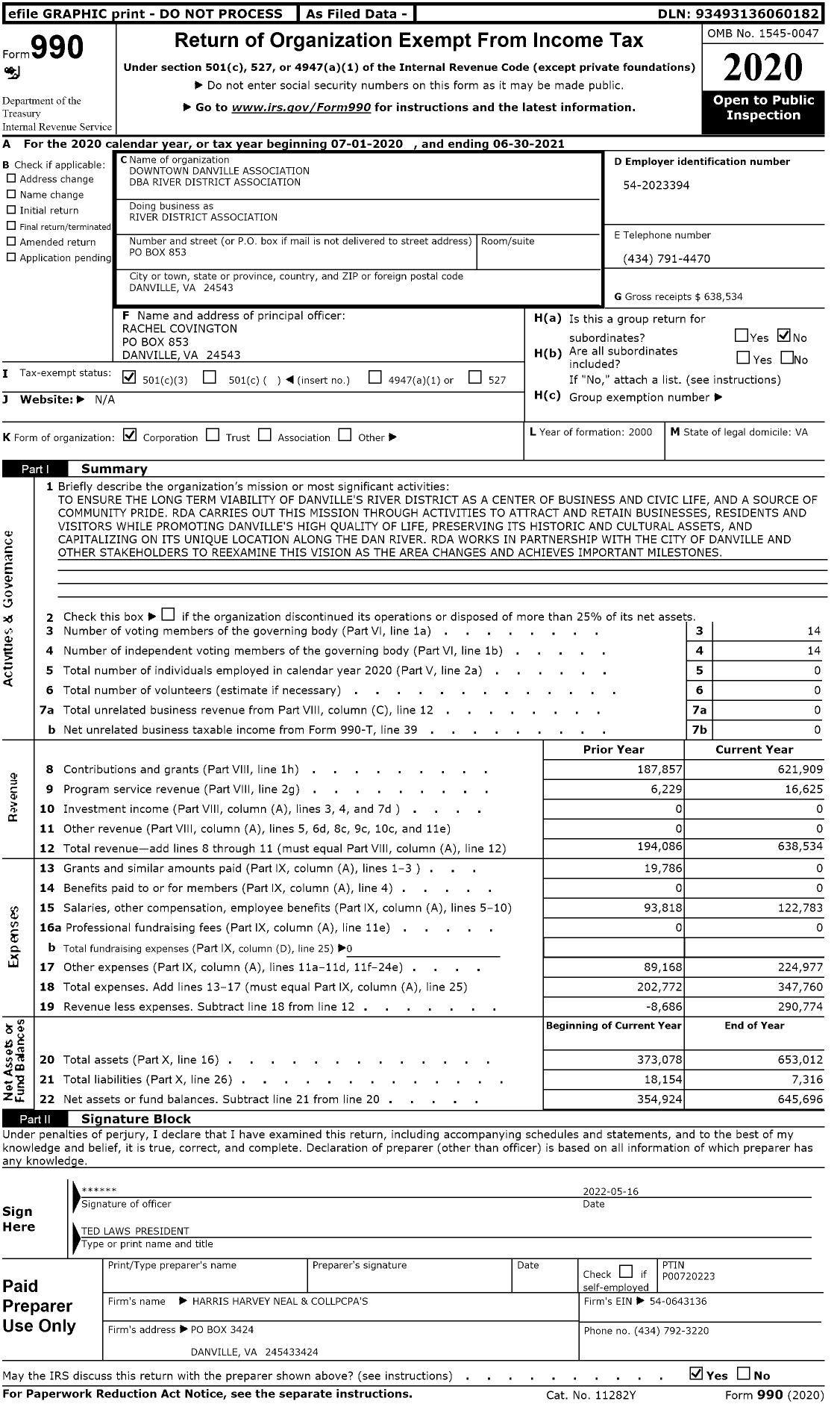 Image of first page of 2020 Form 990 for River District Association