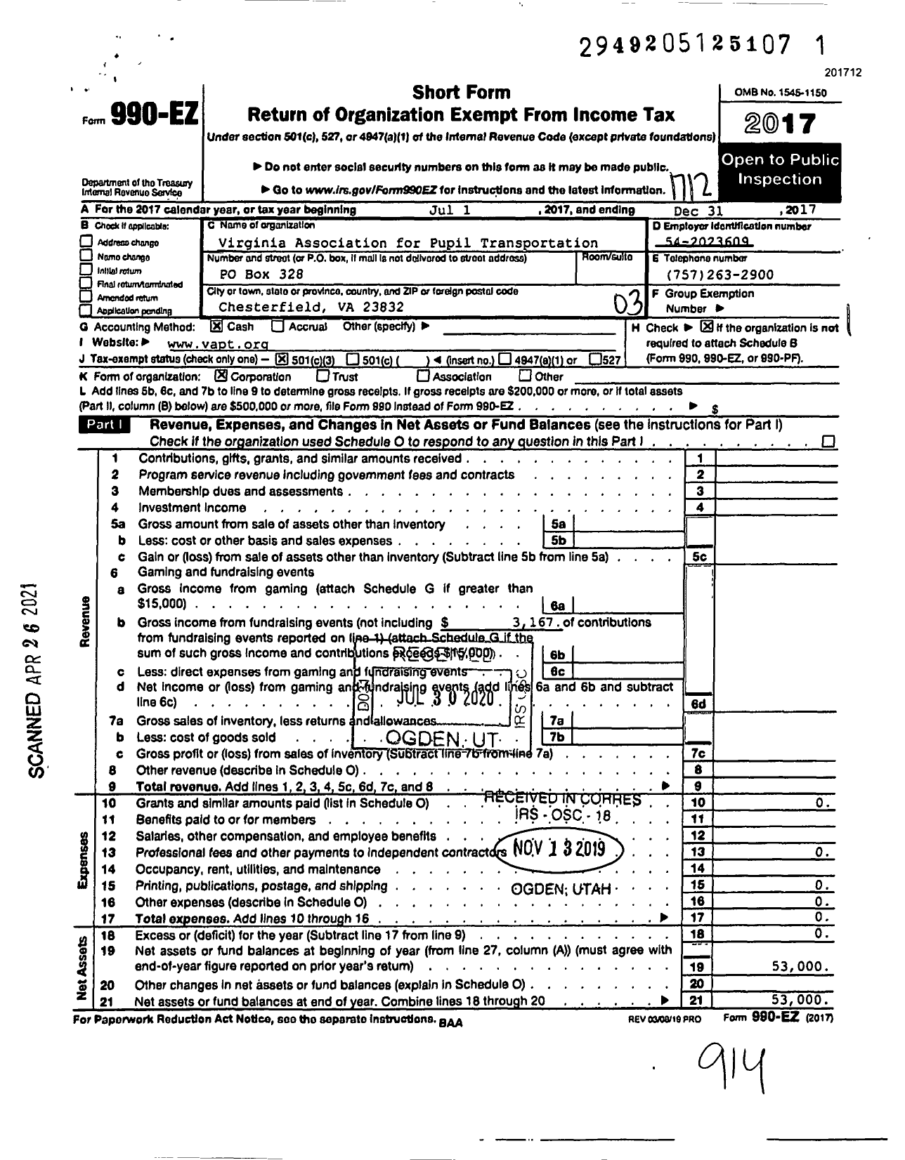 Image of first page of 2017 Form 990EZ for Virginia Association for Pupil Transportation