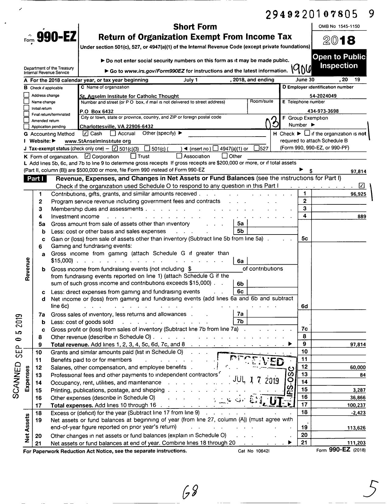 Image of first page of 2018 Form 990EZ for Saint Anselm Institute for Catholic Thought