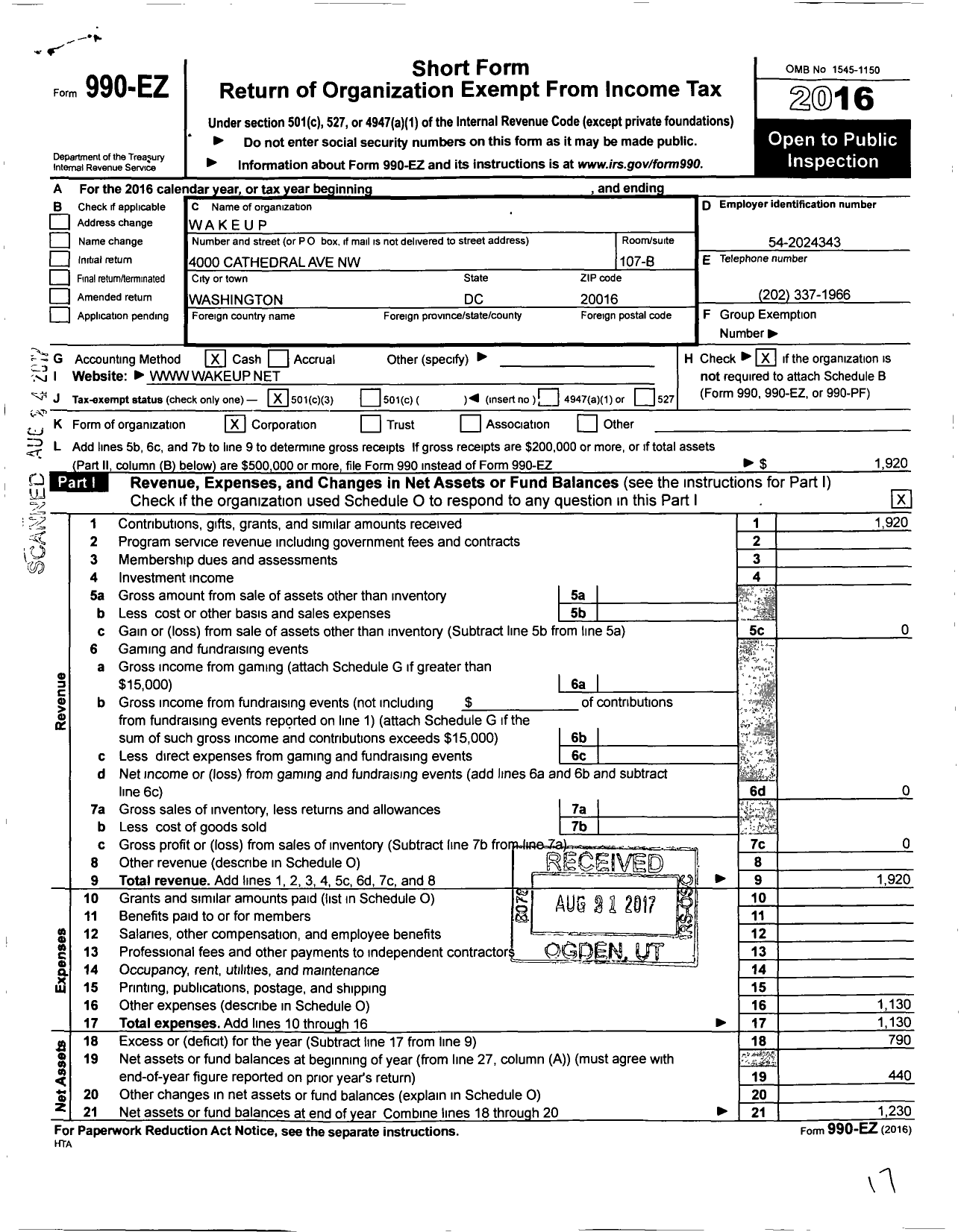 Image of first page of 2016 Form 990EZ for Wakeup