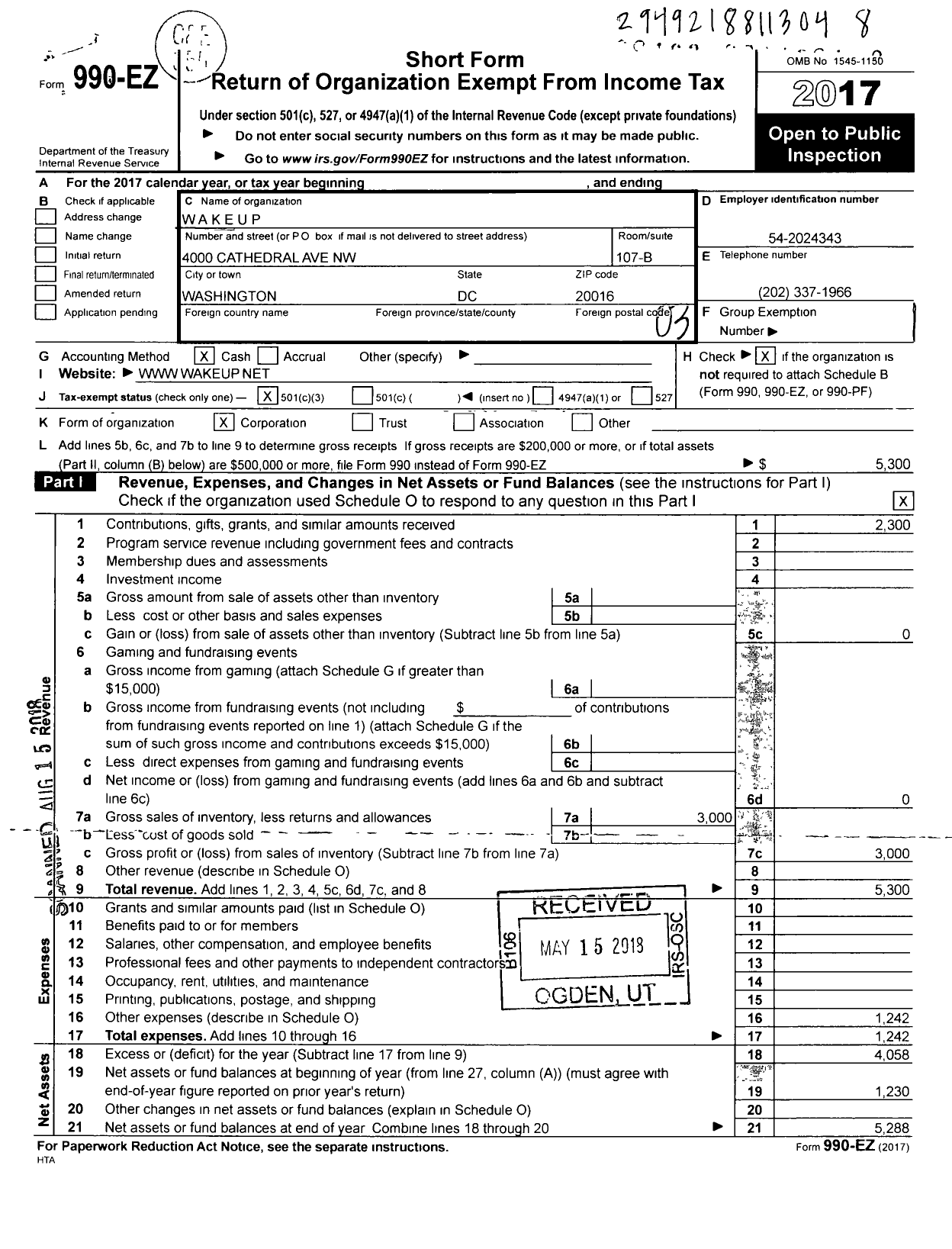 Image of first page of 2017 Form 990EZ for Wakeup