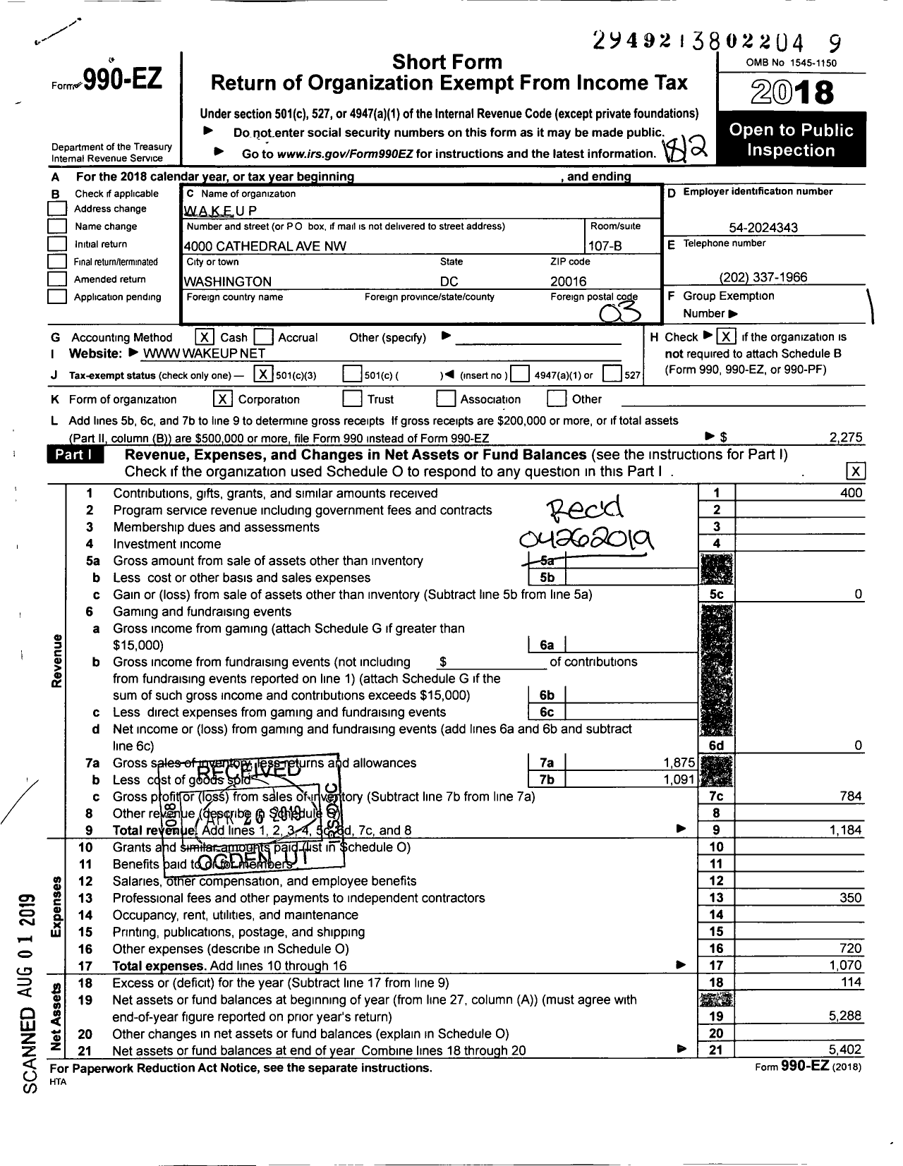 Image of first page of 2018 Form 990EZ for Wakeup