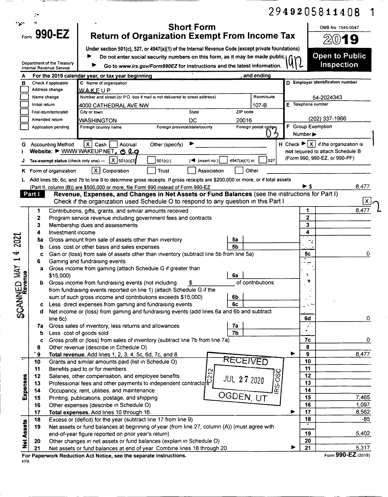 Image of first page of 2019 Form 990EZ for Wakeup