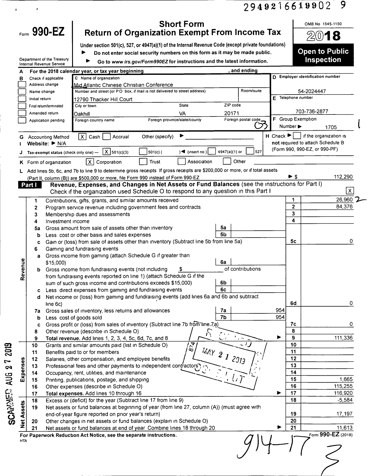 Image of first page of 2018 Form 990EZ for Mid Atlantic Chinese Christian Conference