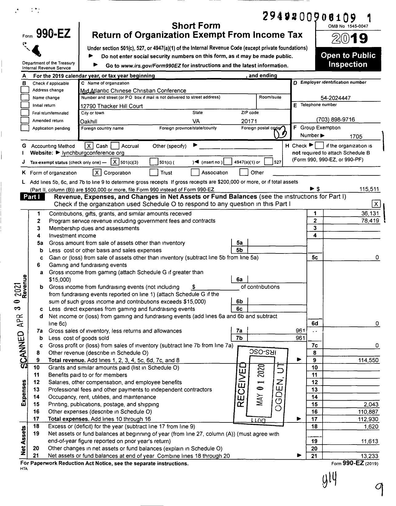 Image of first page of 2019 Form 990EZ for Mid Atlantic Chinese Christian Conference