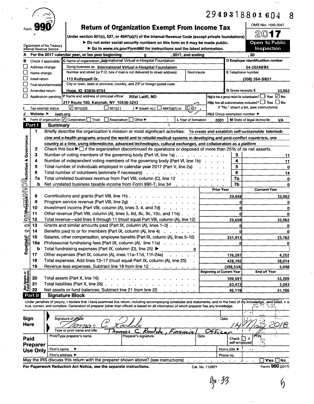 Image of first page of 2017 Form 990 for International Virtual E-Hospital Foundation