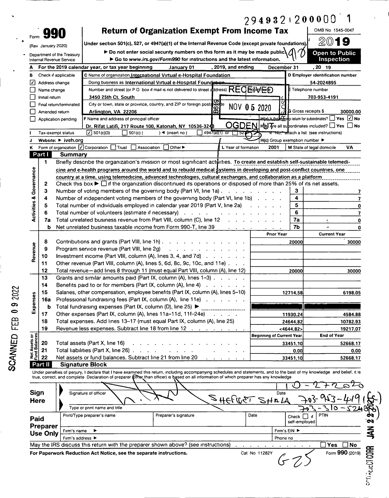 Image of first page of 2019 Form 990 for International Virtual E-Hospital Foundation