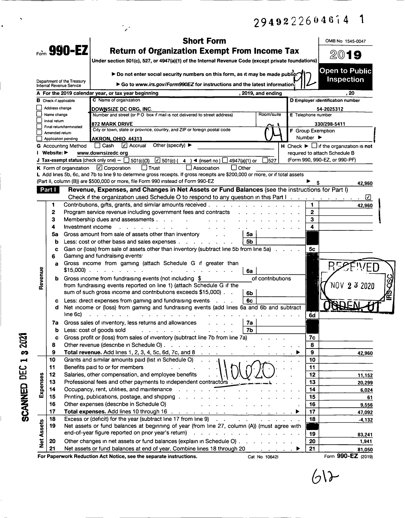 Image of first page of 2019 Form 990EO for Downsizedcorg