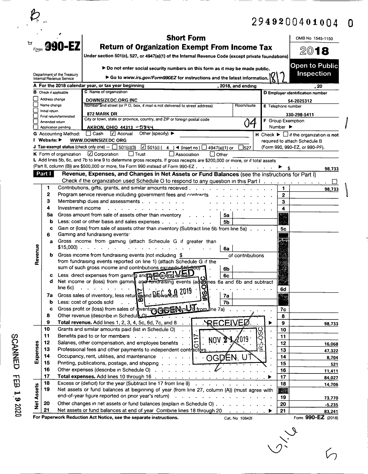 Image of first page of 2018 Form 990EO for Downsizedcorg