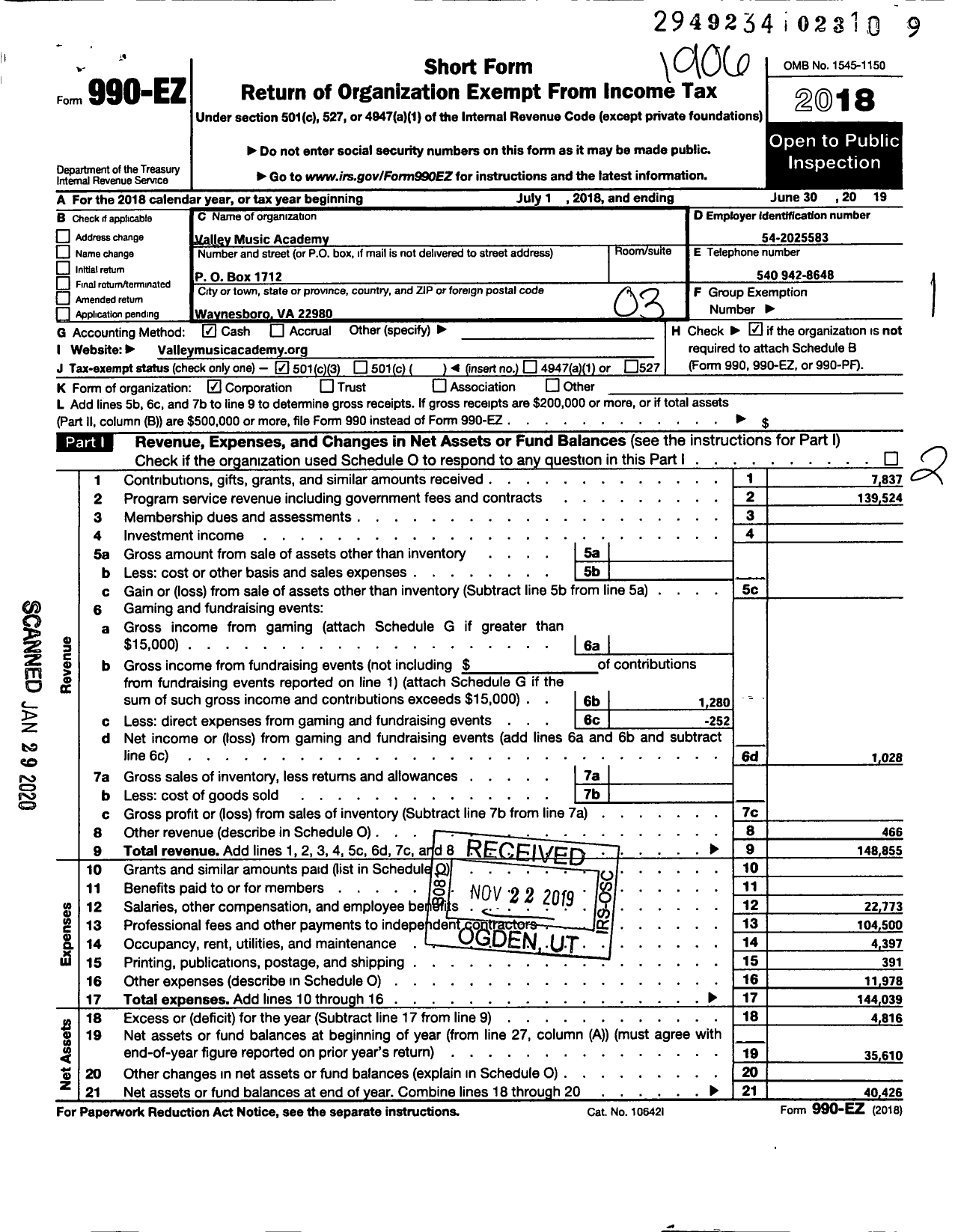 Image of first page of 2018 Form 990EZ for VALLEY MUSIC Academy