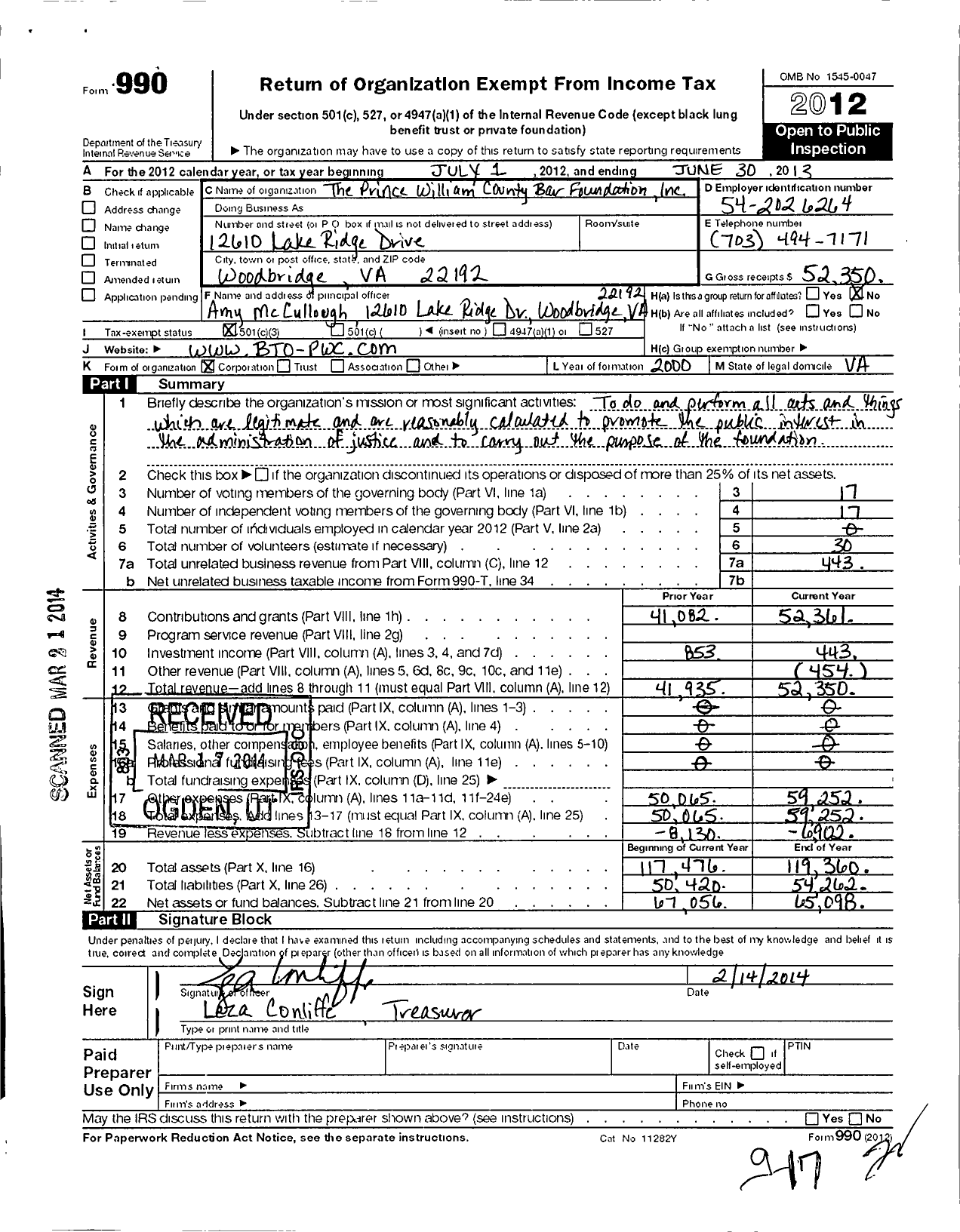 Image of first page of 2012 Form 990 for Prince William County Bar Foundation