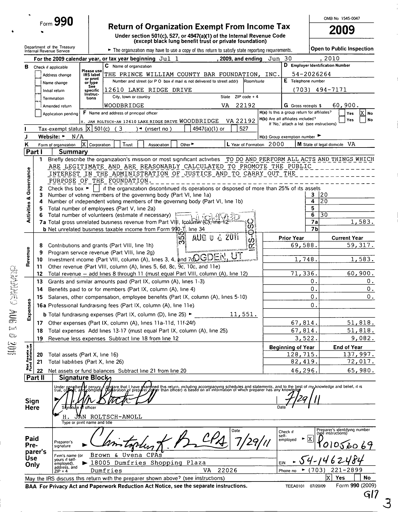 Image of first page of 2009 Form 990 for Prince William County Bar Foundation