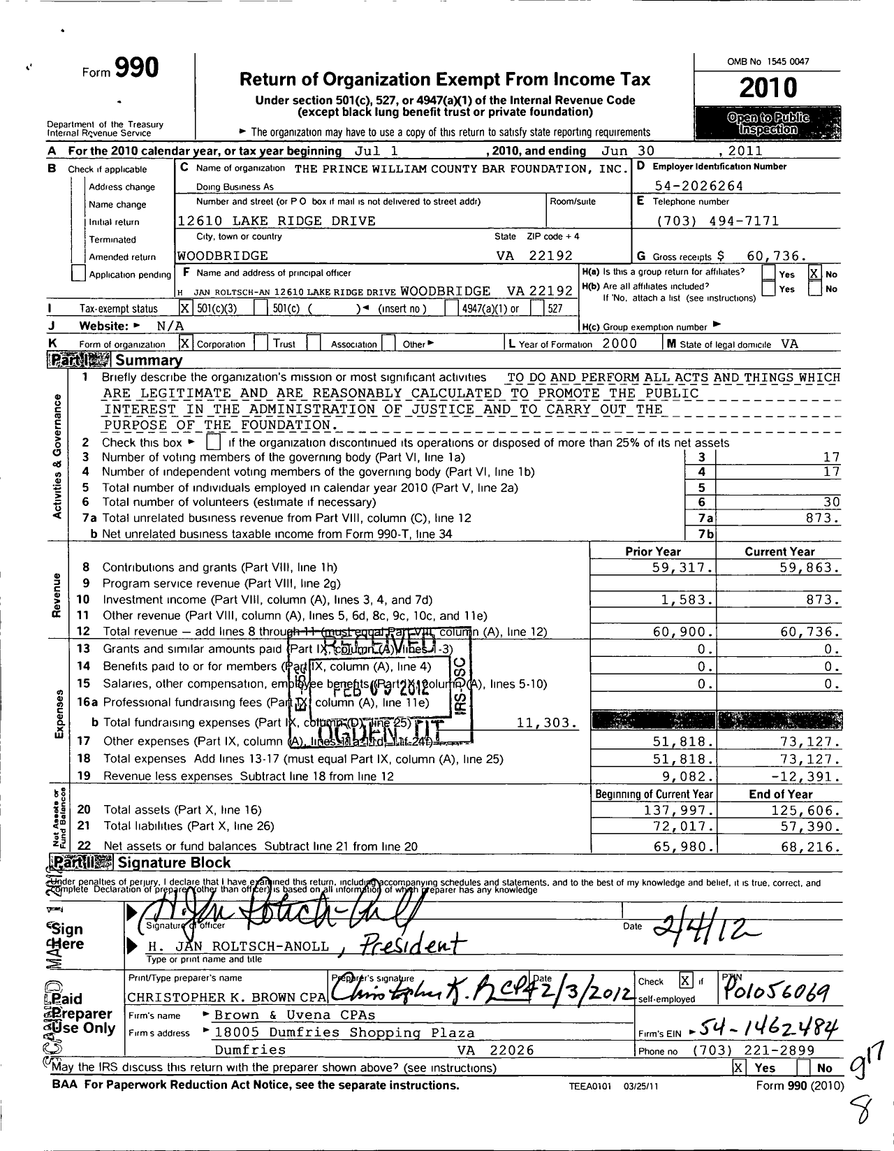 Image of first page of 2010 Form 990 for Prince William County Bar Foundation