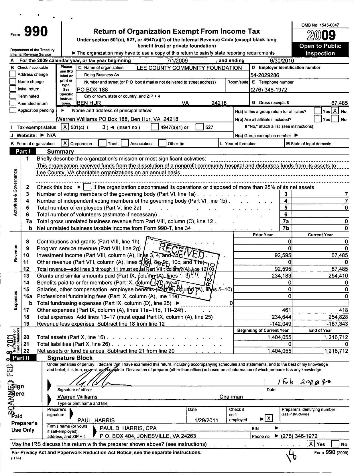 Image of first page of 2009 Form 990 for Lee County Community Foundation