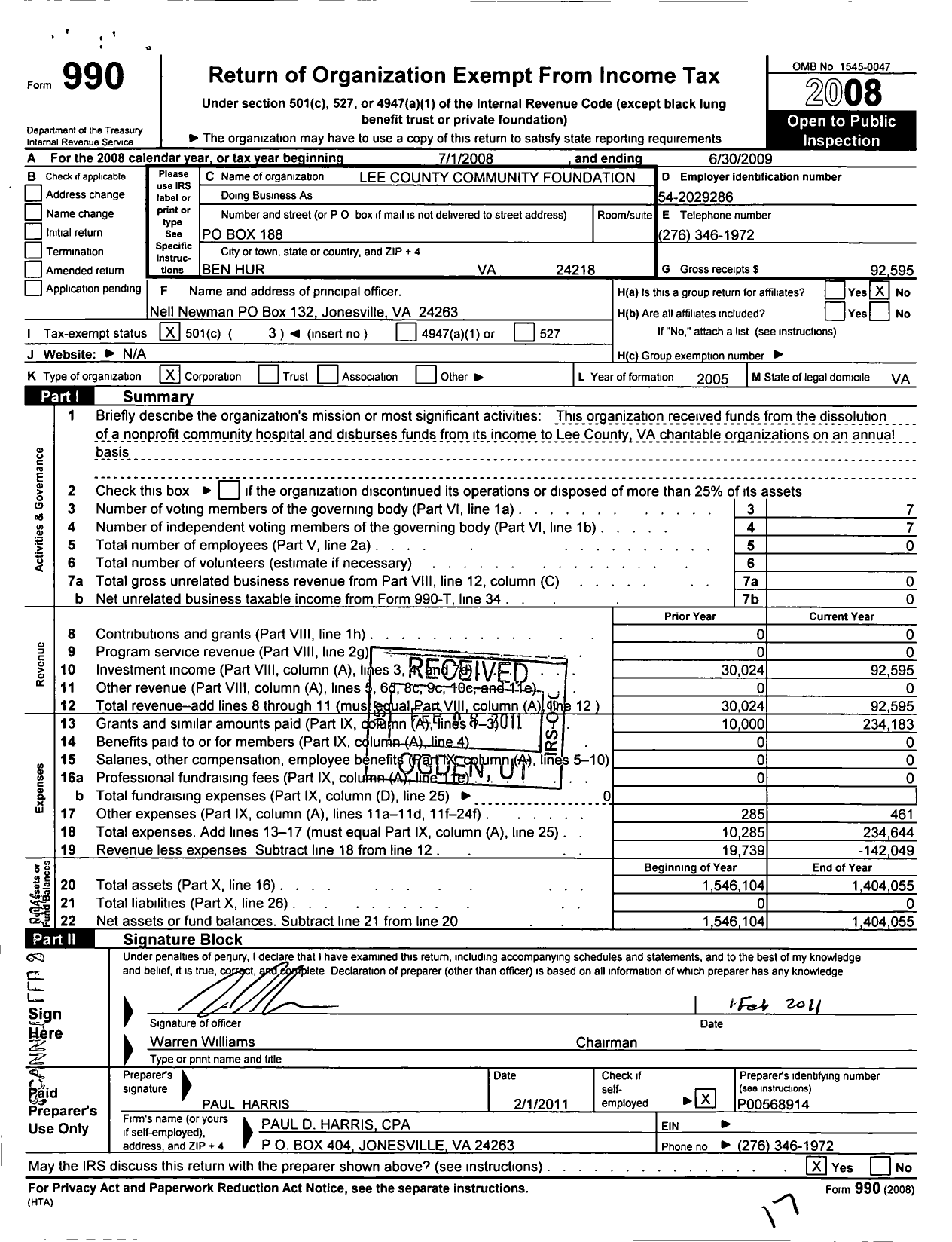 Image of first page of 2008 Form 990 for Lee County Community Foundation