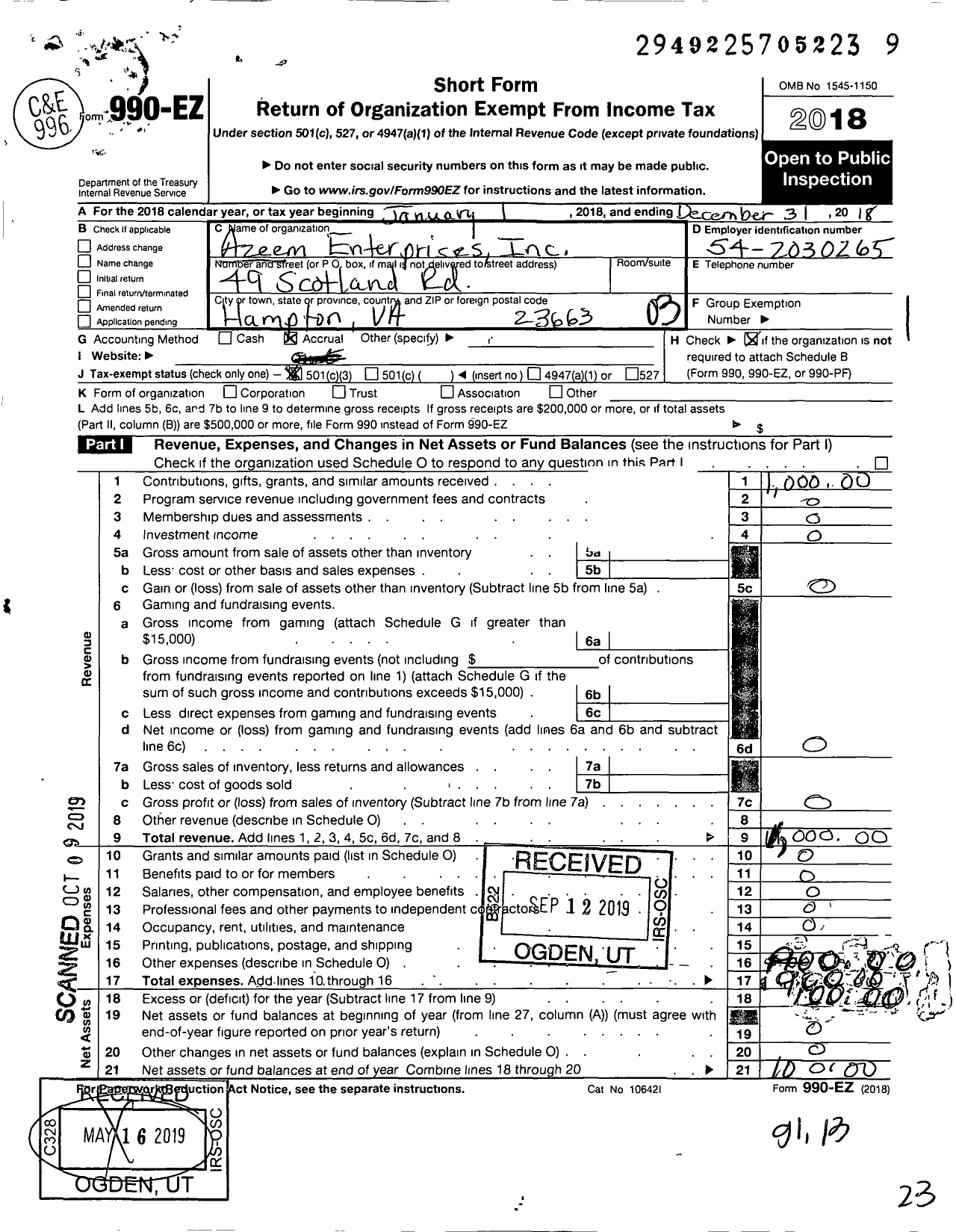 Image of first page of 2018 Form 990EZ for Azeem Enterprises
