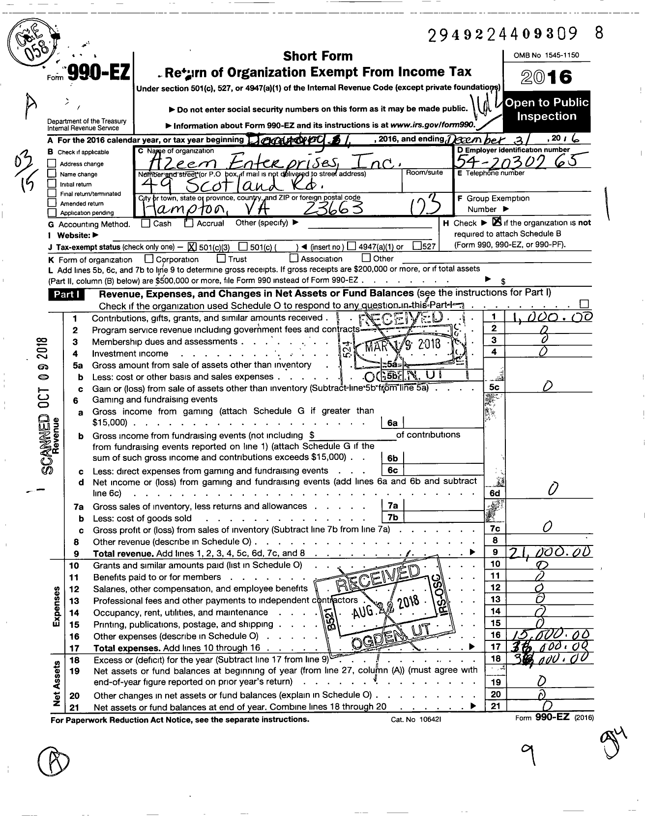 Image of first page of 2016 Form 990EZ for Azeem Enterprises