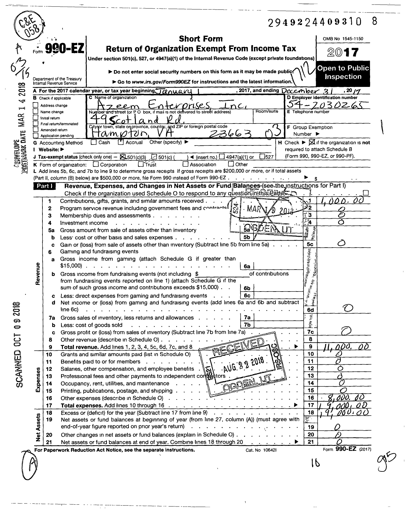 Image of first page of 2017 Form 990EZ for Azeem Enterprises