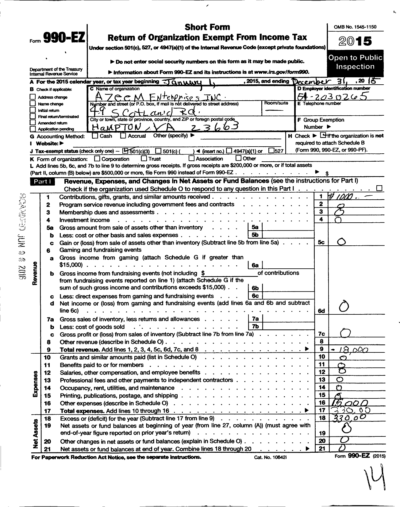 Image of first page of 2015 Form 990EZ for Azeem Enterprises