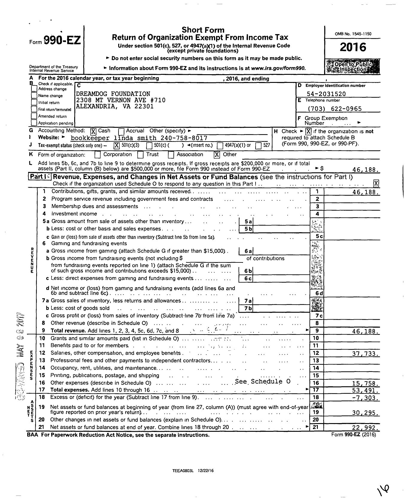 Image of first page of 2016 Form 990EZ for Dreamdog Foundation