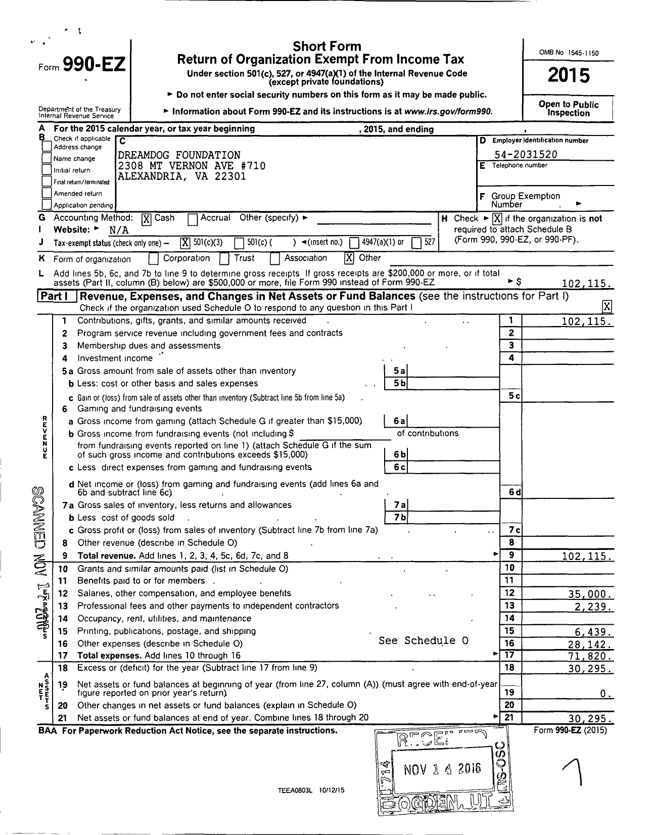 Image of first page of 2015 Form 990EZ for Dreamdog Foundation