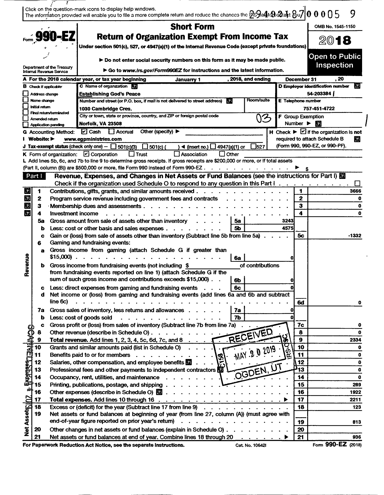 Image of first page of 2018 Form 990EZ for Establishing Gods S Peace