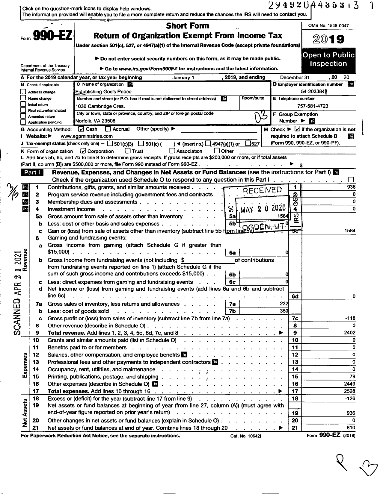 Image of first page of 2020 Form 990EZ for Establishing Gods S Peace