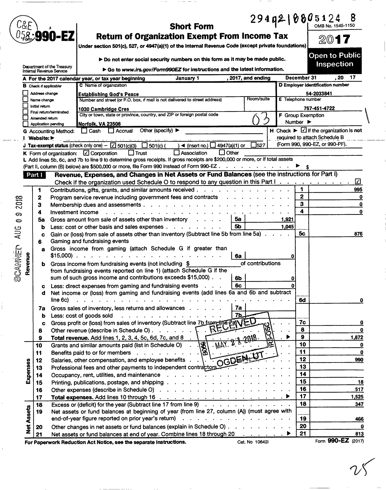 Image of first page of 2017 Form 990EZ for Establishing Gods S Peace