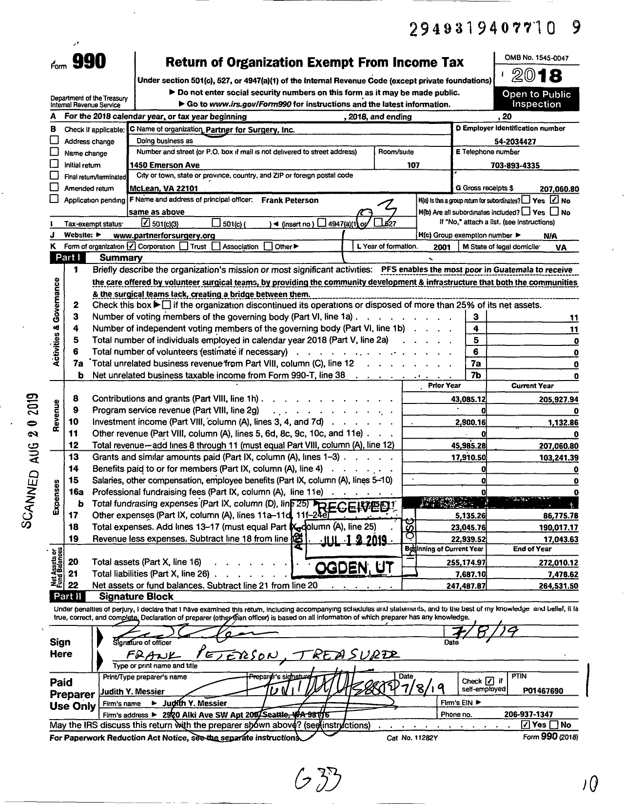 Image of first page of 2018 Form 990 for Partner for Surgery