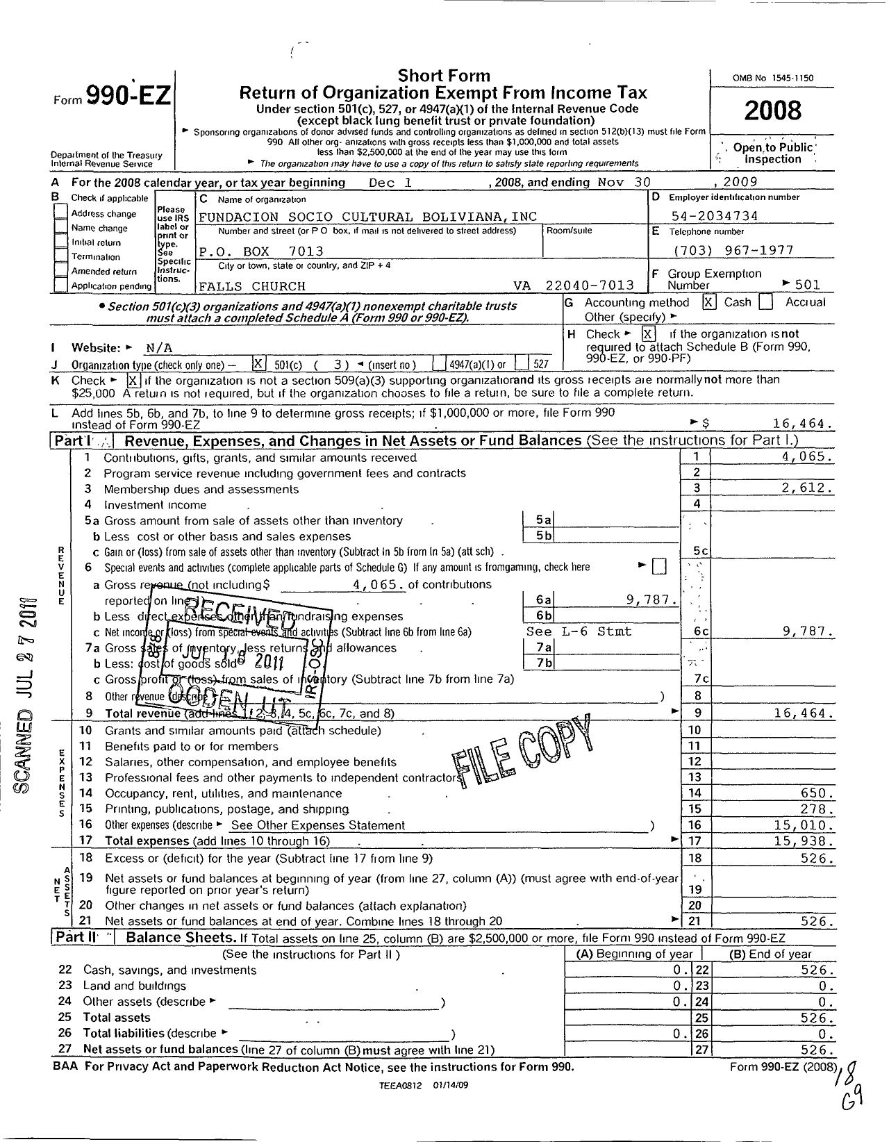 Image of first page of 2008 Form 990EZ for Fundacion Socio-Cultural Boliviana