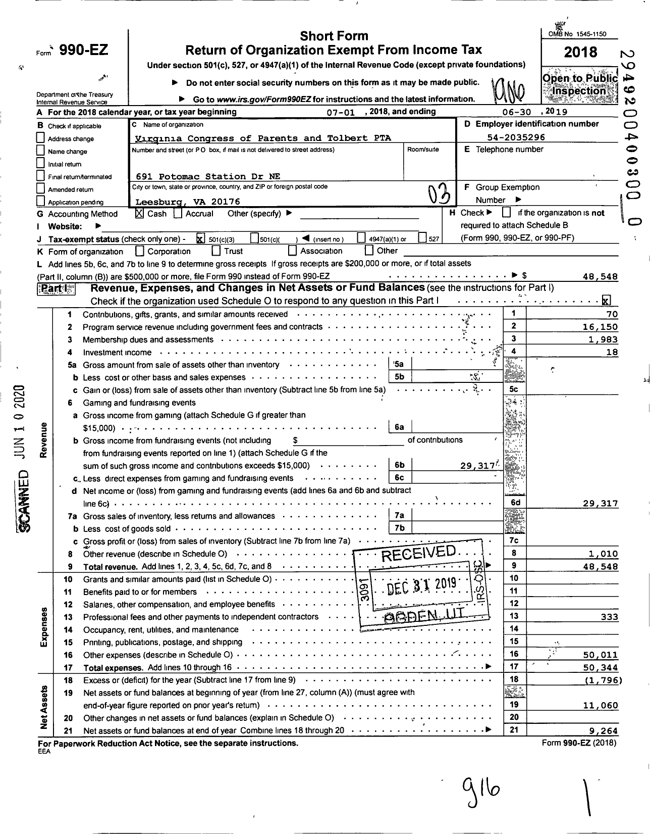Image of first page of 2018 Form 990EZ for Virginia PTA - John W Tolbert Elementary PTA