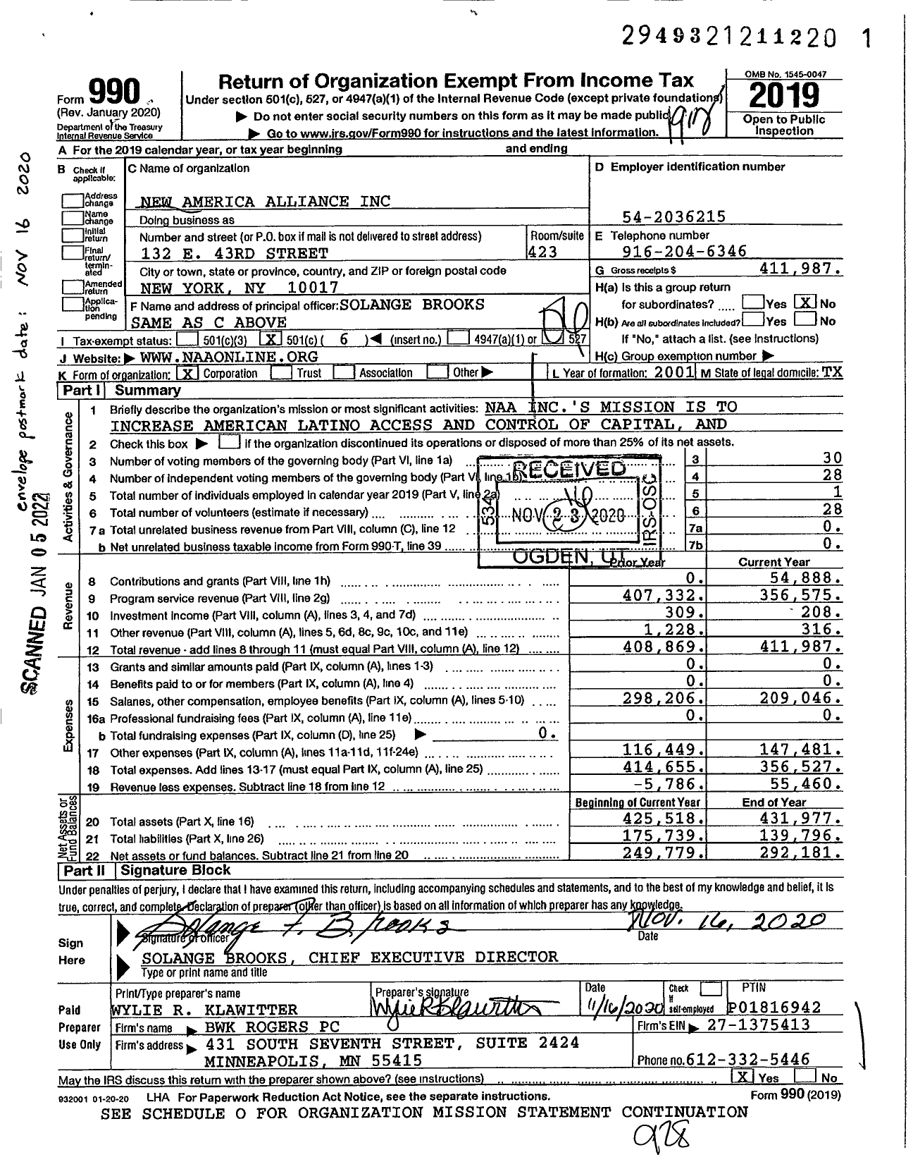 Image of first page of 2019 Form 990O for New America Alliance (NAA)