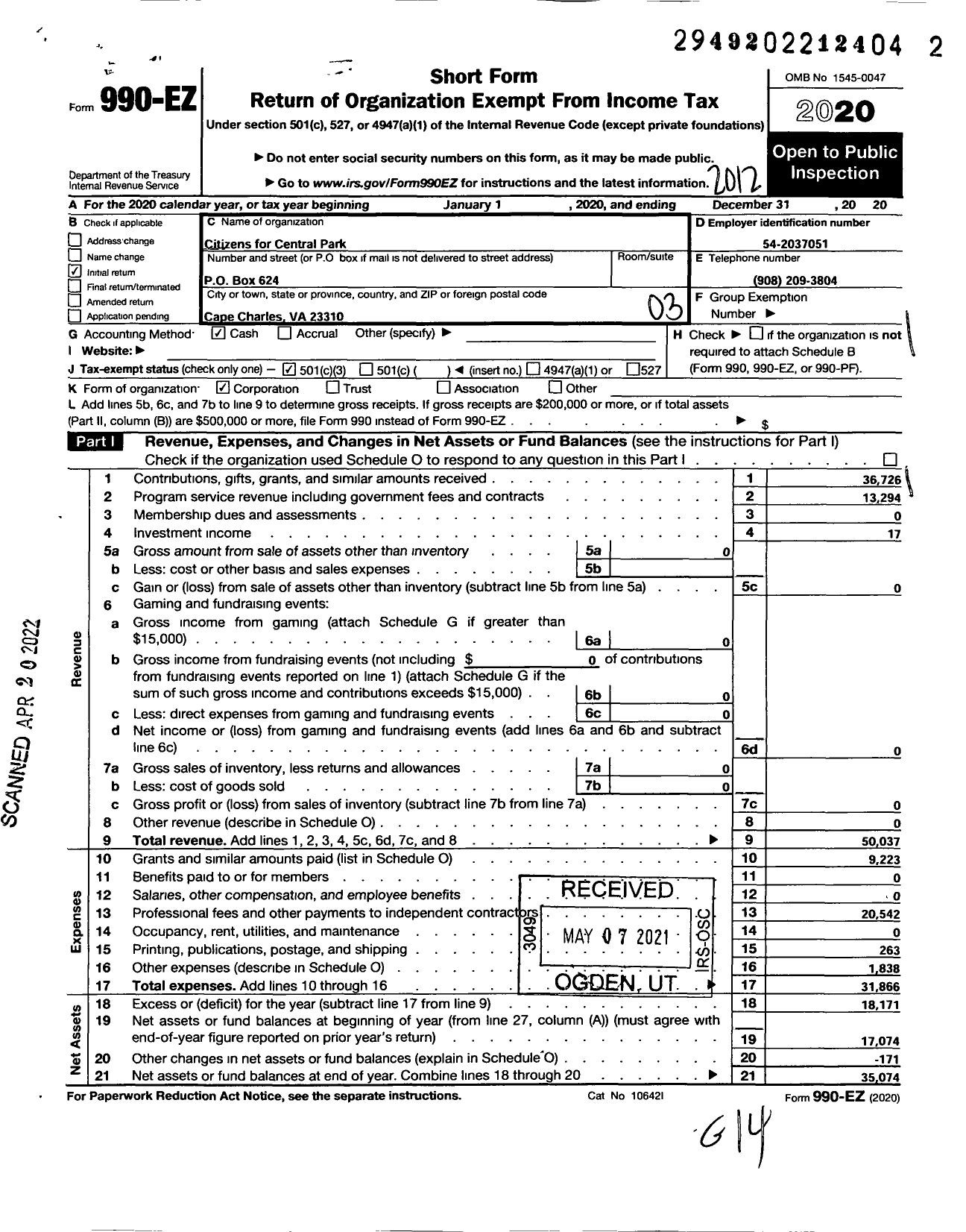 Image of first page of 2020 Form 990EZ for Citizen for Central Park