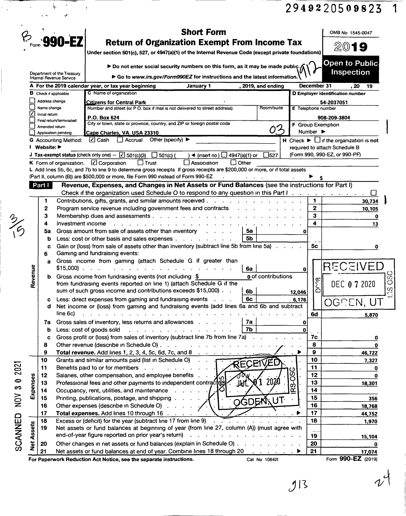 Image of first page of 2019 Form 990EZ for Citizen for Central Park