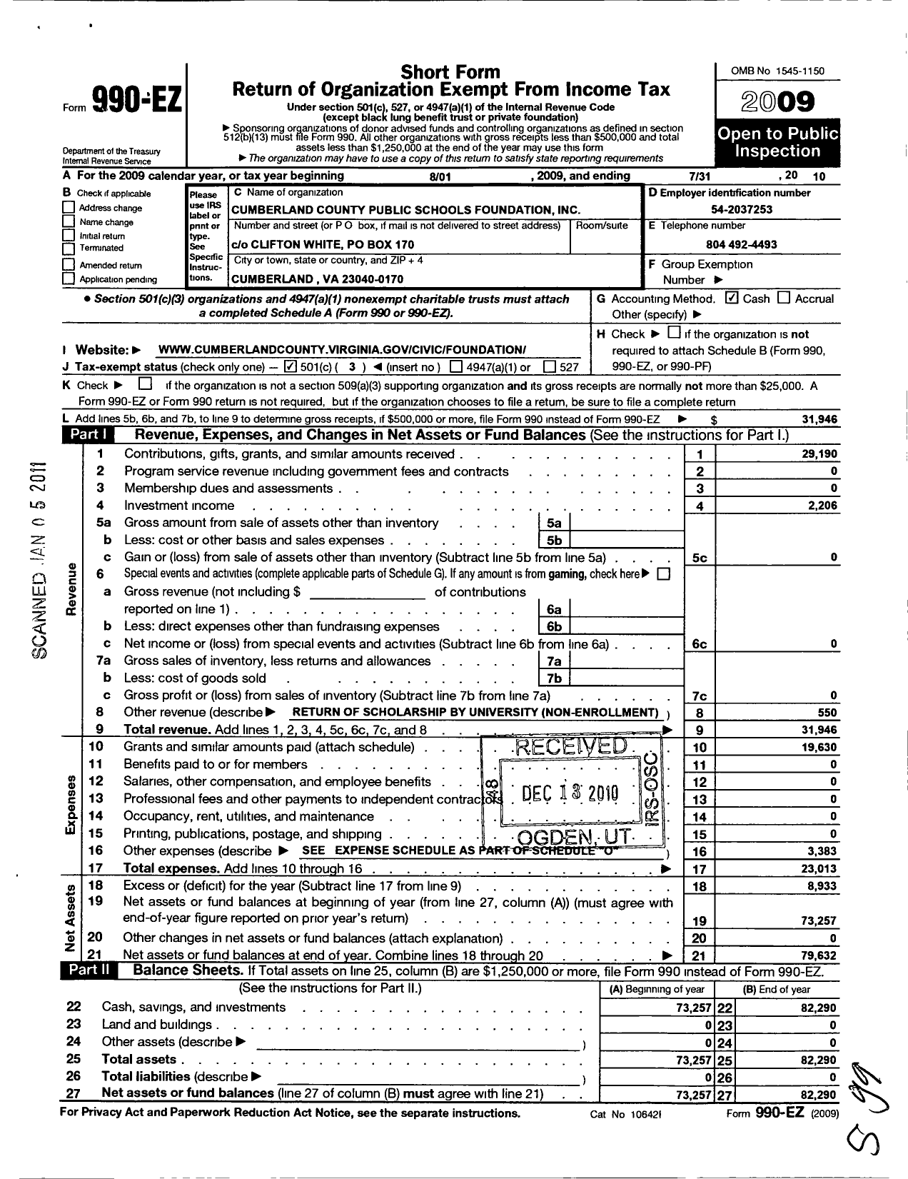 Image of first page of 2009 Form 990EZ for Cumberland County Public Schools Foundation Incorporated