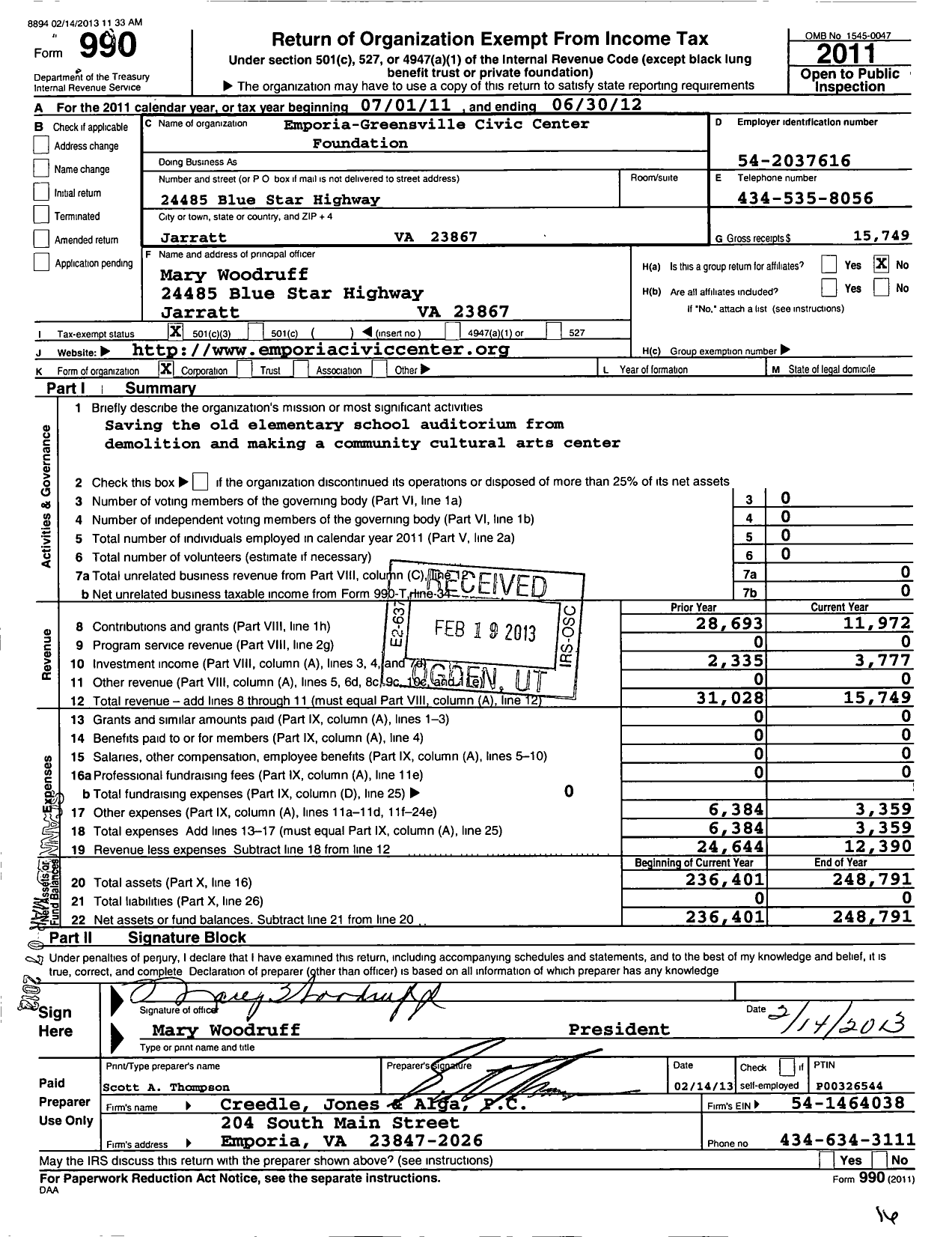 Image of first page of 2011 Form 990 for Emporia-Greensville Civic Center Foundation