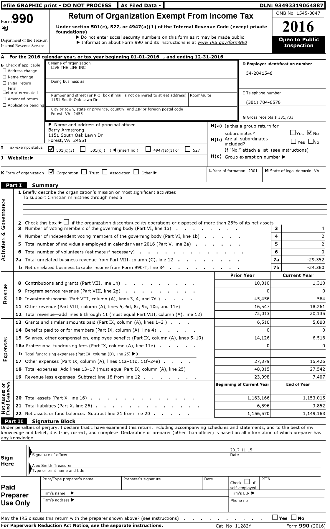 Image of first page of 2016 Form 990 for Live the Life