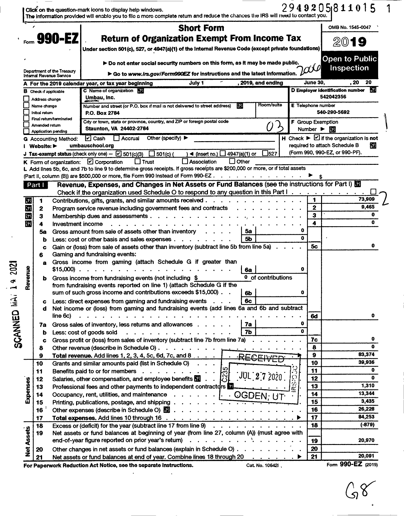 Image of first page of 2019 Form 990EZ for Umbau