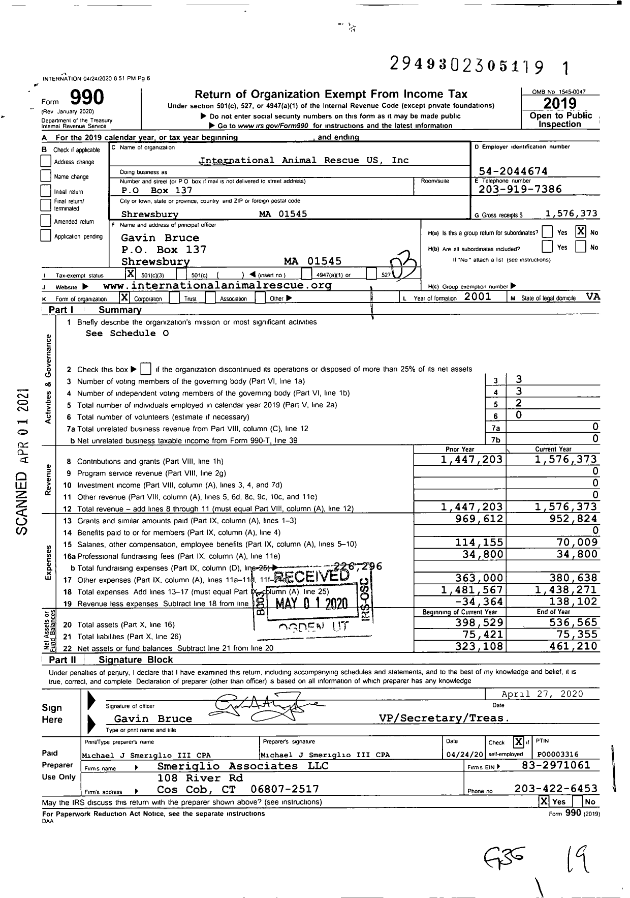 Image of first page of 2019 Form 990 for International Animal Rescue Us