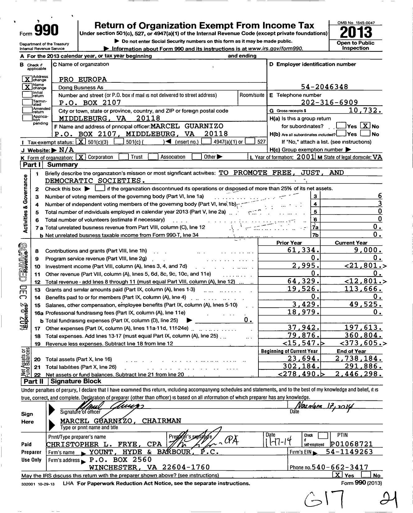 Image of first page of 2013 Form 990 for Pro Europa